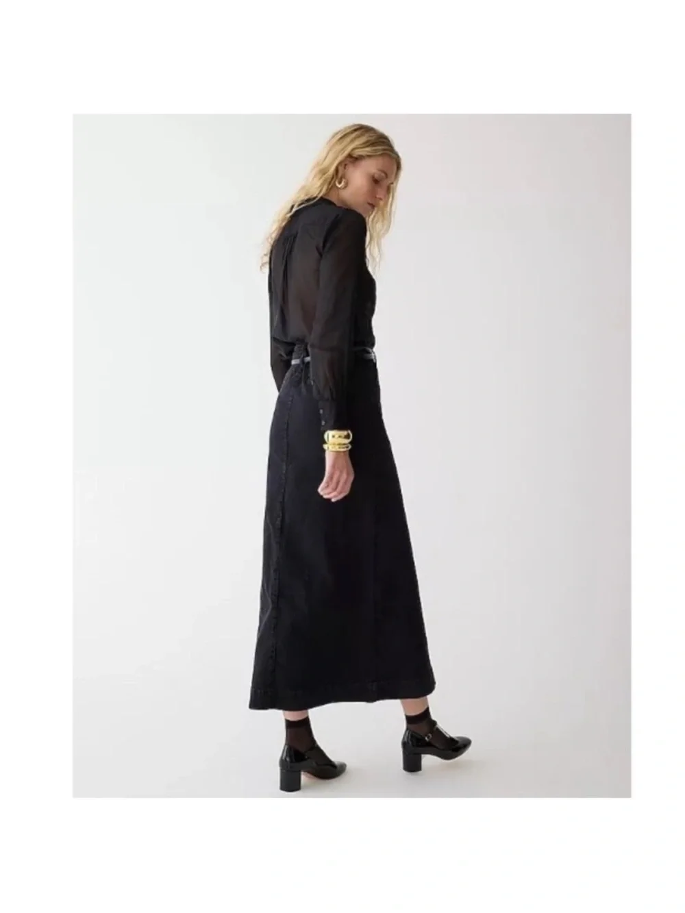 J.Crew Denim Maxi Skirt Size 30 Washed Black Front Slit High Rise